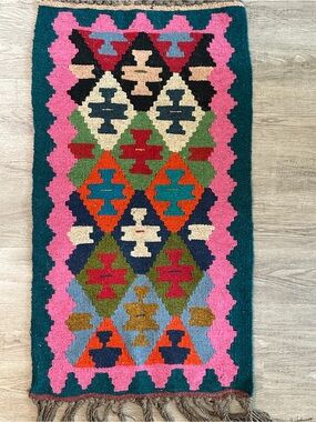 Handwoven Geometric Wool Accent Rug in Teal, Pink, and Multicolor